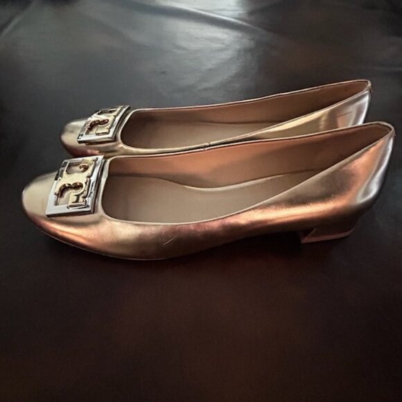 Authentic Tory Burch Gigi Mirrored Metallic Gold Silver Leather Block Heel Pump - Picture 6 of 10